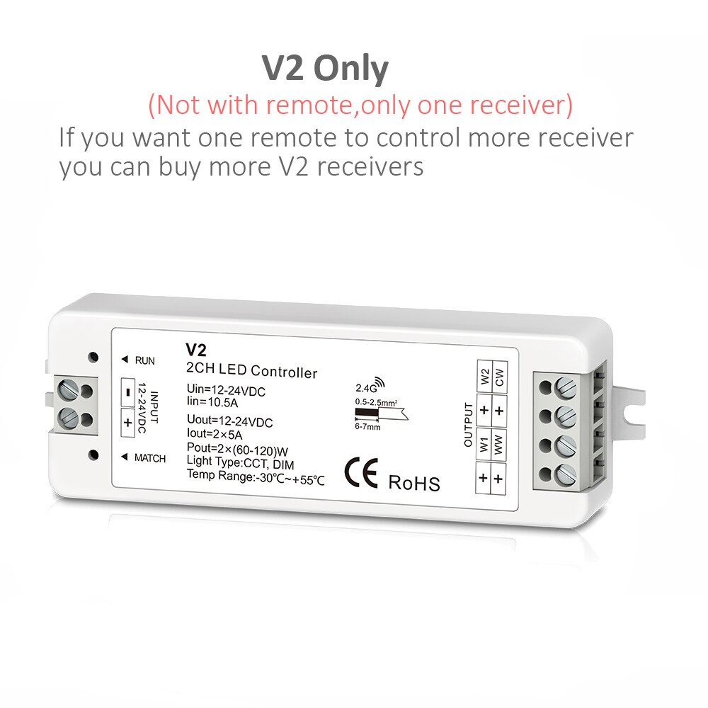 WW CW LED Controller CCT 2CH 12V 24V DC 10A LED Dimmer RF 2.4G Wireless Remote Control for Single Color Dual White LED Strip: black