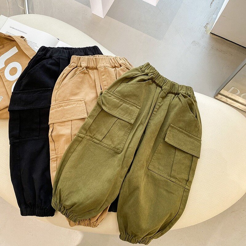 Boys cotton 3 colors side pocket cargo pants Kids all-match loose casual trousers