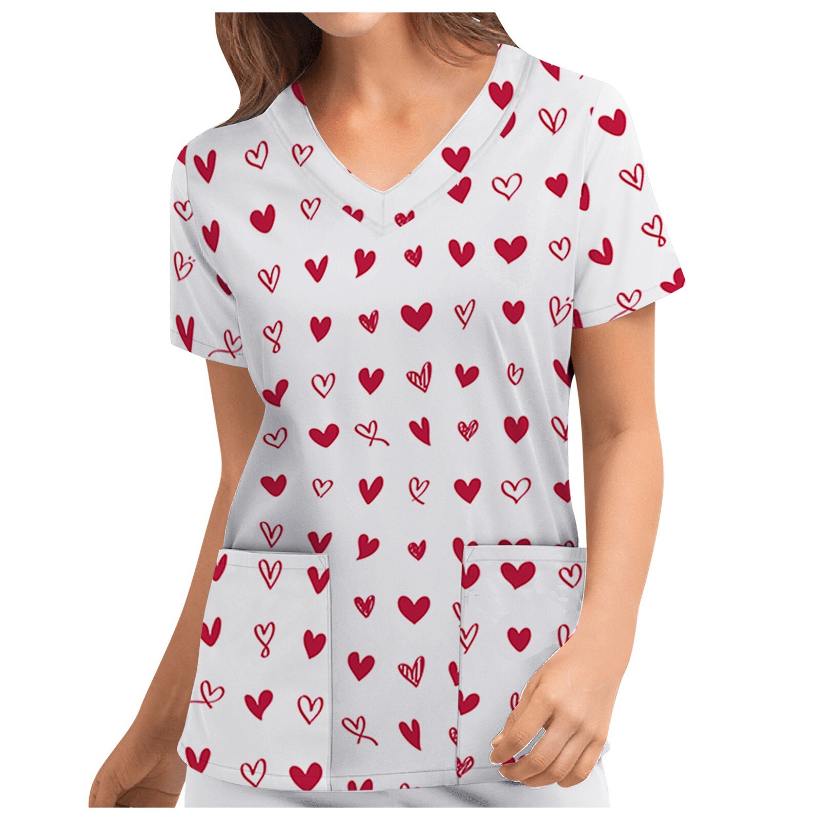 Rouge coeur motif t-shirts femmes mignon saint valentin amour poche col en v manches courtes haut ample Blusas Mujer Manga Corta: Red  / XXL