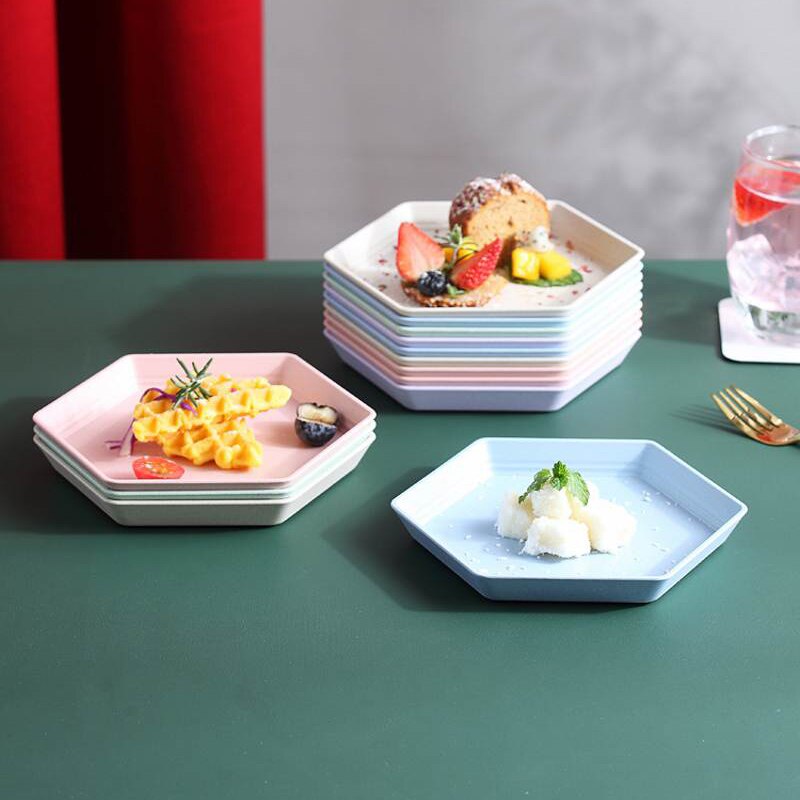 Plateau épais en paille de blé, assiette hexagonale, Snacks de fête, Biscuit, bonbons, gâteau, assiette de fruits, cuisine multifonctionnelle plateau d'assiette naturelle