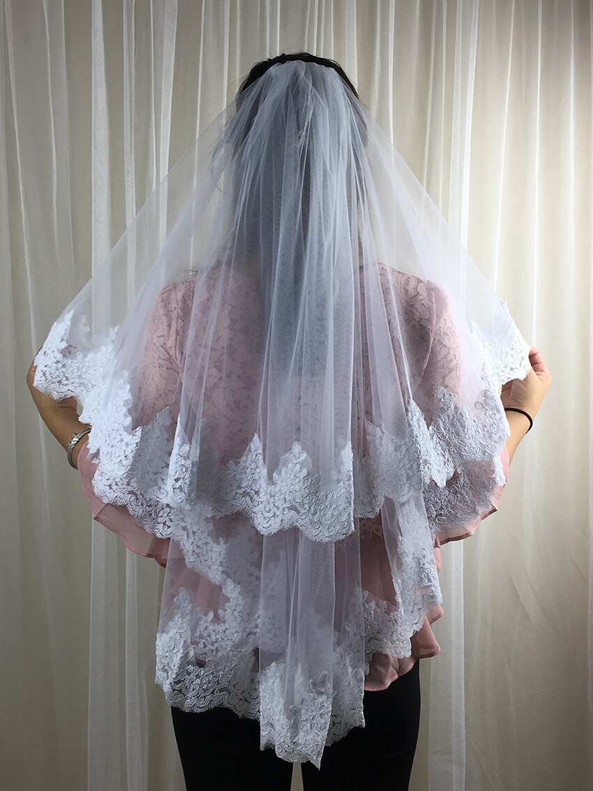 Velo de novia corto con peine de encaje, borde con apliques, velo de boda de tul de dos capas, 75 CM, accesorios de longitud del codo