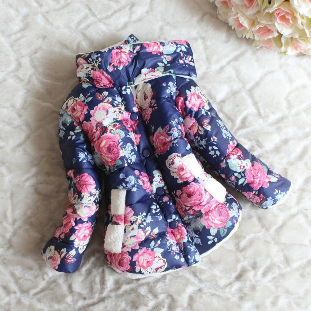 Baby Meisjes Winter Jas Jas Knop Winddicht Jas Bloemenprint Kinderen Dikke Katoenen Jas Fluwelen Katoenen Kleding Overjas