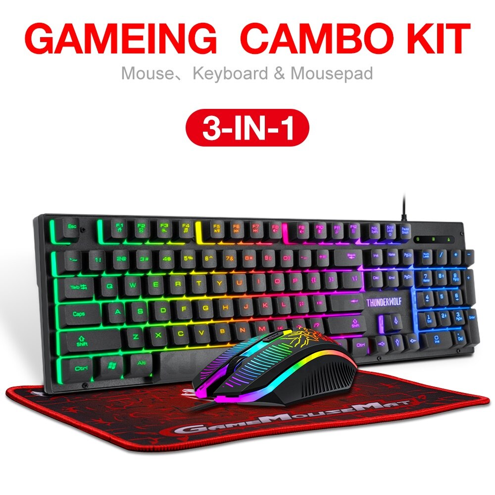 Usb gaming pc keyboard, keyboard mouse, mouse pad, three-piece illuminated gaming wired set, 104 keys, gaming keyboard, wired mouse