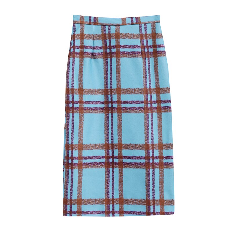 woolen coat 2-piece set female autumn winter style retro Korean thick mid-length blue coat plaid suit woolen coat: Skirt / XXXL