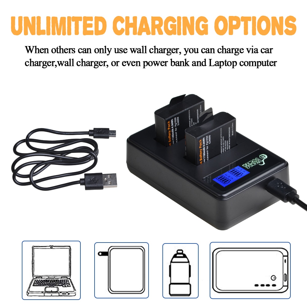 4 Uds 1180mAh PG1050 batería y cargador USB con LCD para SJCAM SJ4000 M10 SJ5000 SJ5000X para EKEN H9 H9R H8R H8 GIT PG900