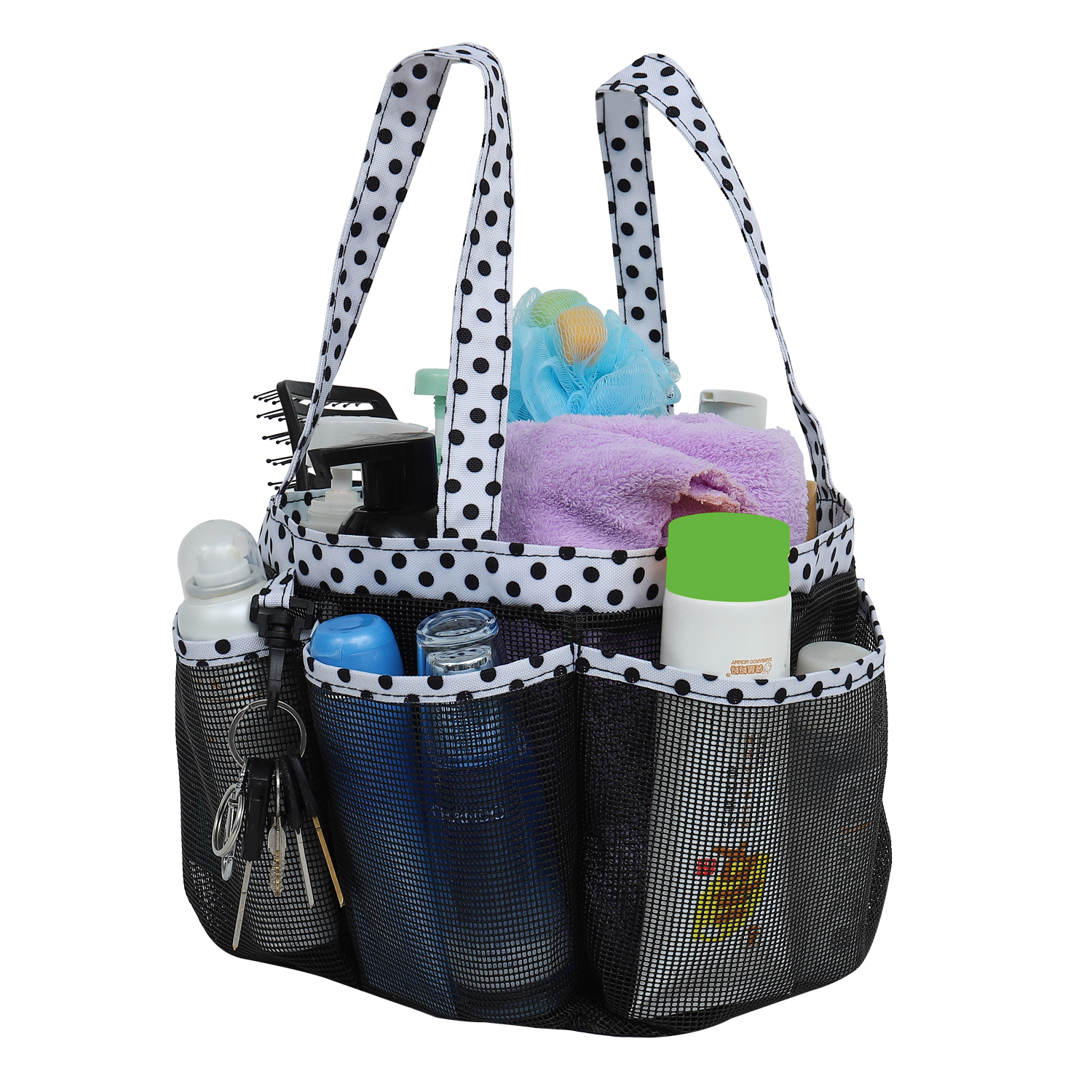 Mesh Shower Caddy Tote for College Dorm Room Essentials, Hanging Large Portable Bag Toiletry Organizer with Key Hook: Black Polka Dot