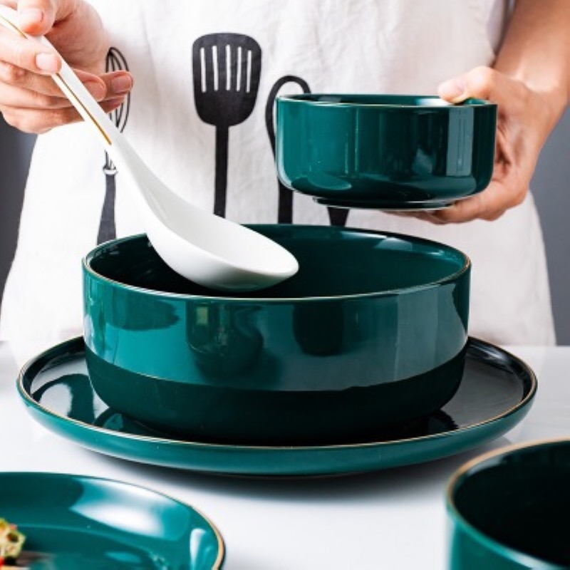 Smaragdgrøn keramik guld indlæg western mad bøf pasta fiske tallerken fad salat suppe ris skål krydderi fad porcelæn bordkrig