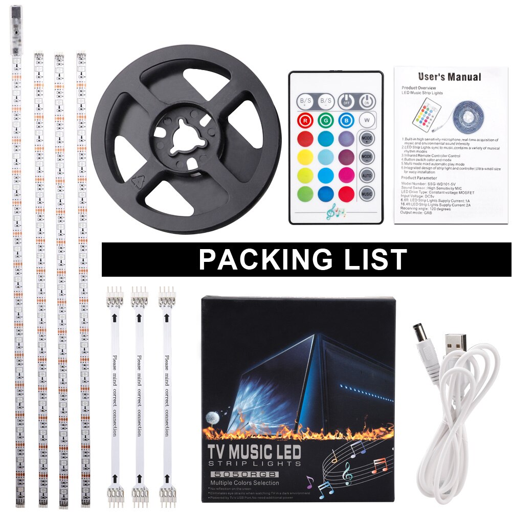 Juego de tiras de luces LED RGB de 2m, cinta de luces impermeables para música, luces de colores cambiantes con cable con mando a distancia para dormitorio, hogar, TV,