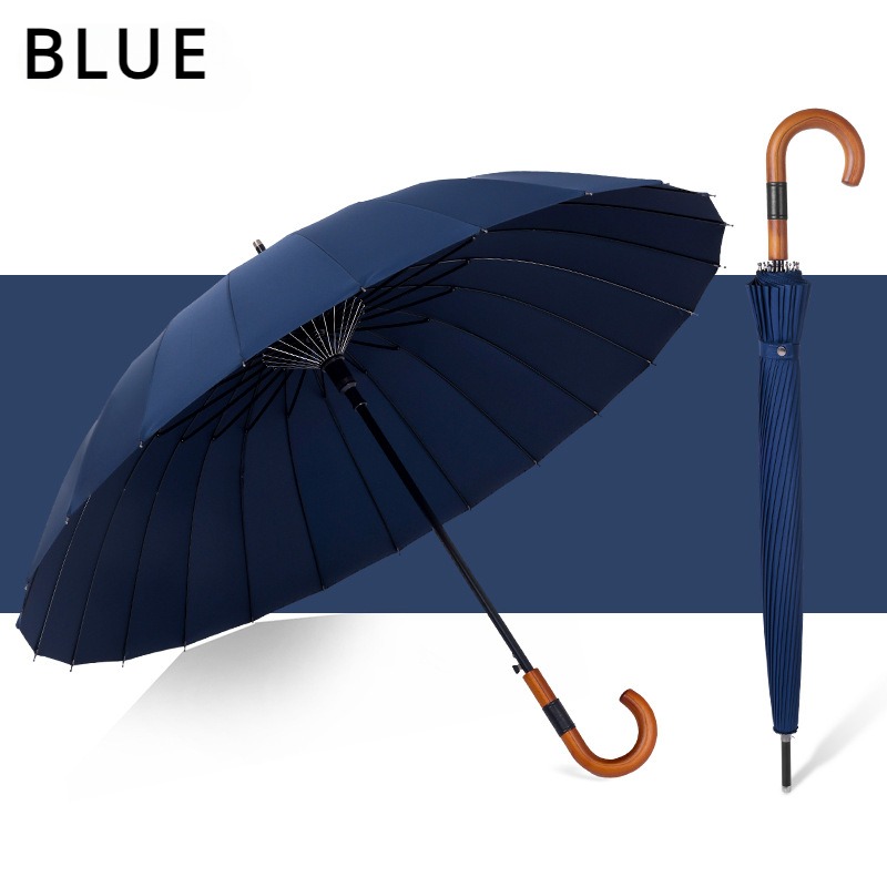 Regenschirm mit langem Griff, große automatische Regenschirme, 24-Knochen-Massivholzgriff, robuster, windbeständiger Verstärkung, Regenschirm: Blau