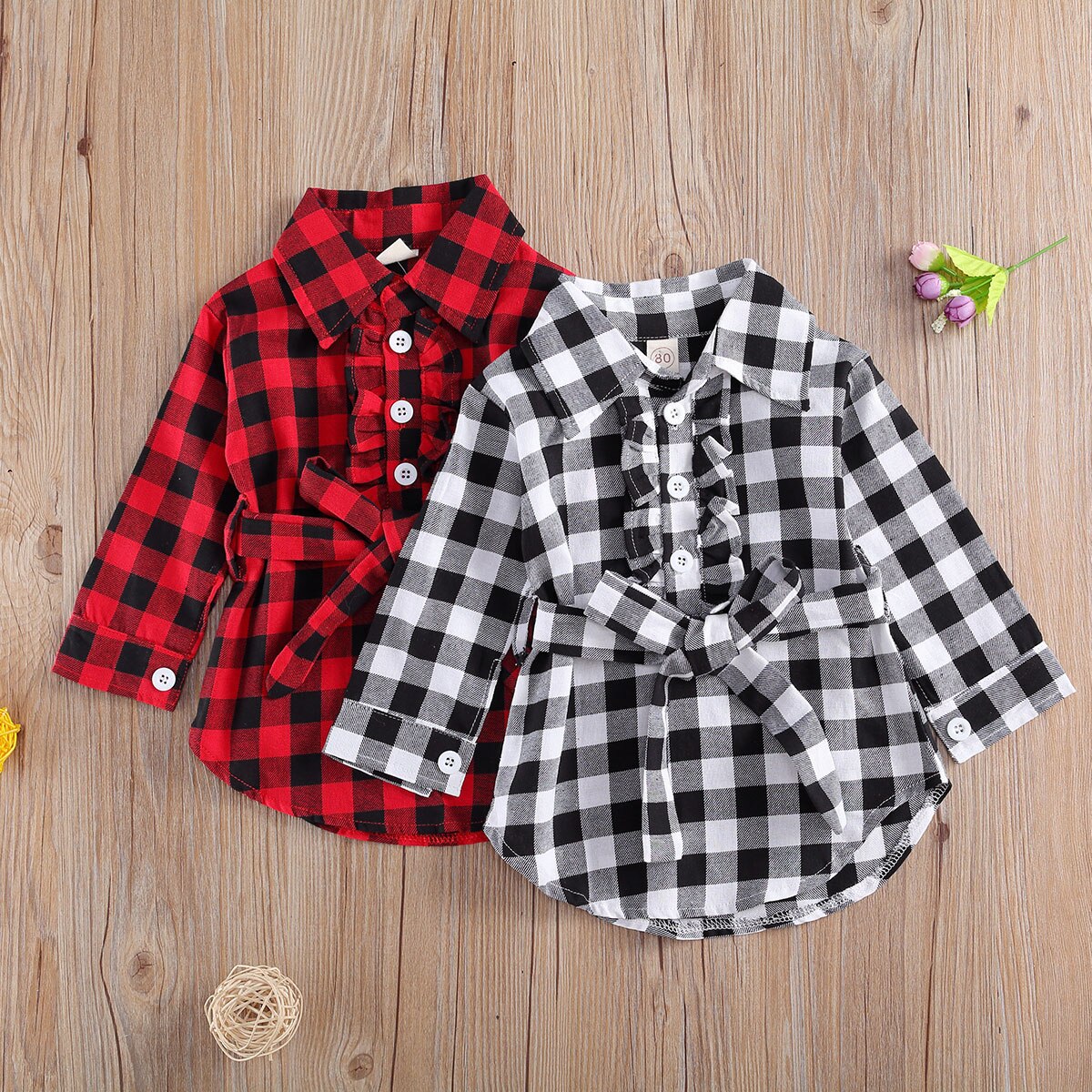 Forår efterår barn baby piger kjole plaid midi langærmet revers krave høj talje linning knapper prinsesse afslappet skjorte 0-5y