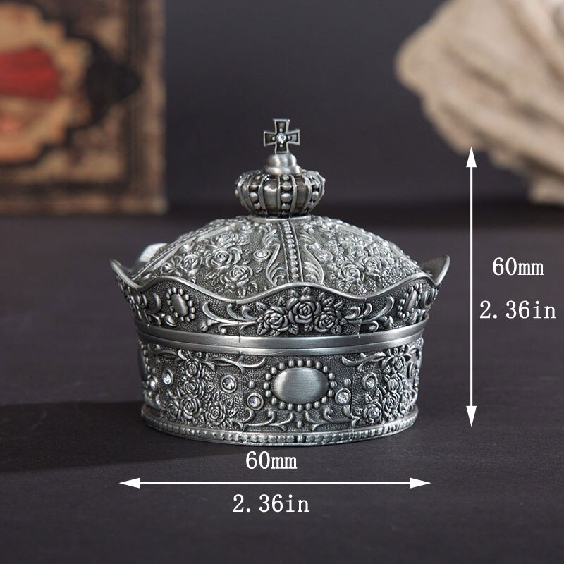 Krona vintage silver smycken låda cirkel prydnadslåda vigselring hållare metall förvaringslåda hem bord prydnad