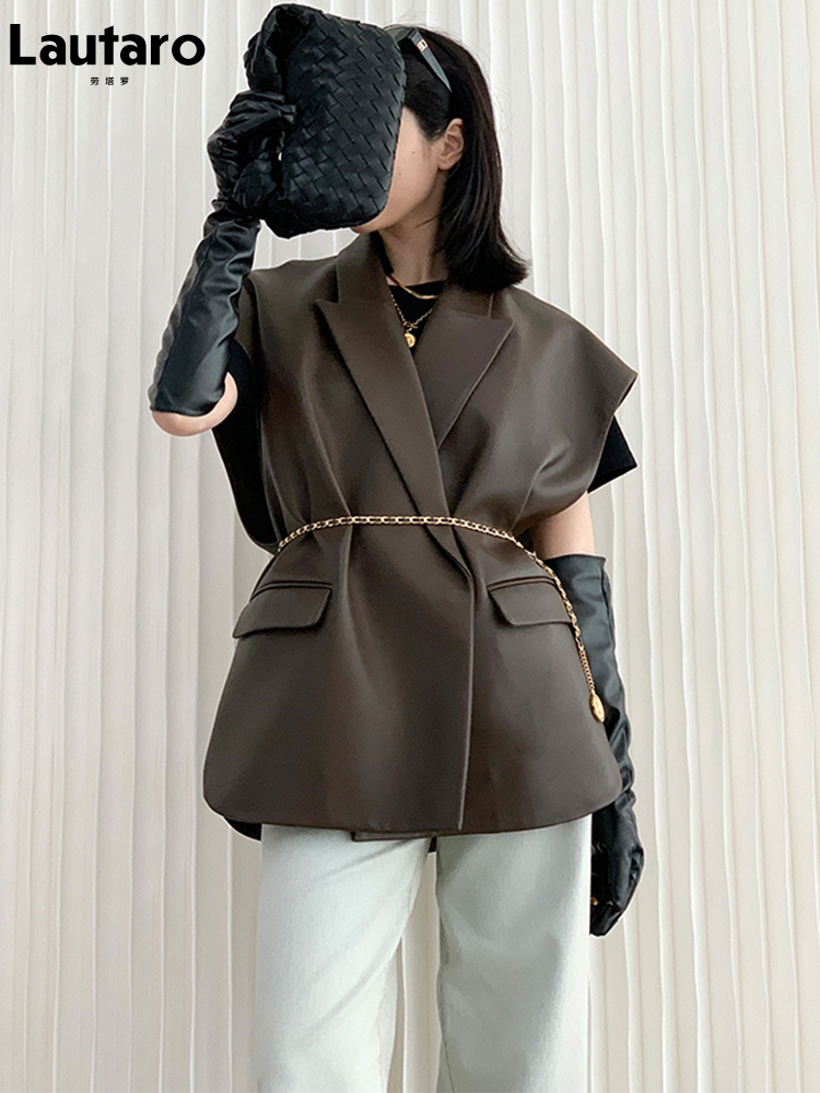 Lautaro-dames licht zacht kunstleer vest, revers, , luxe, ontwerper, mouwloos jasje, lente, herfstmode, zwart