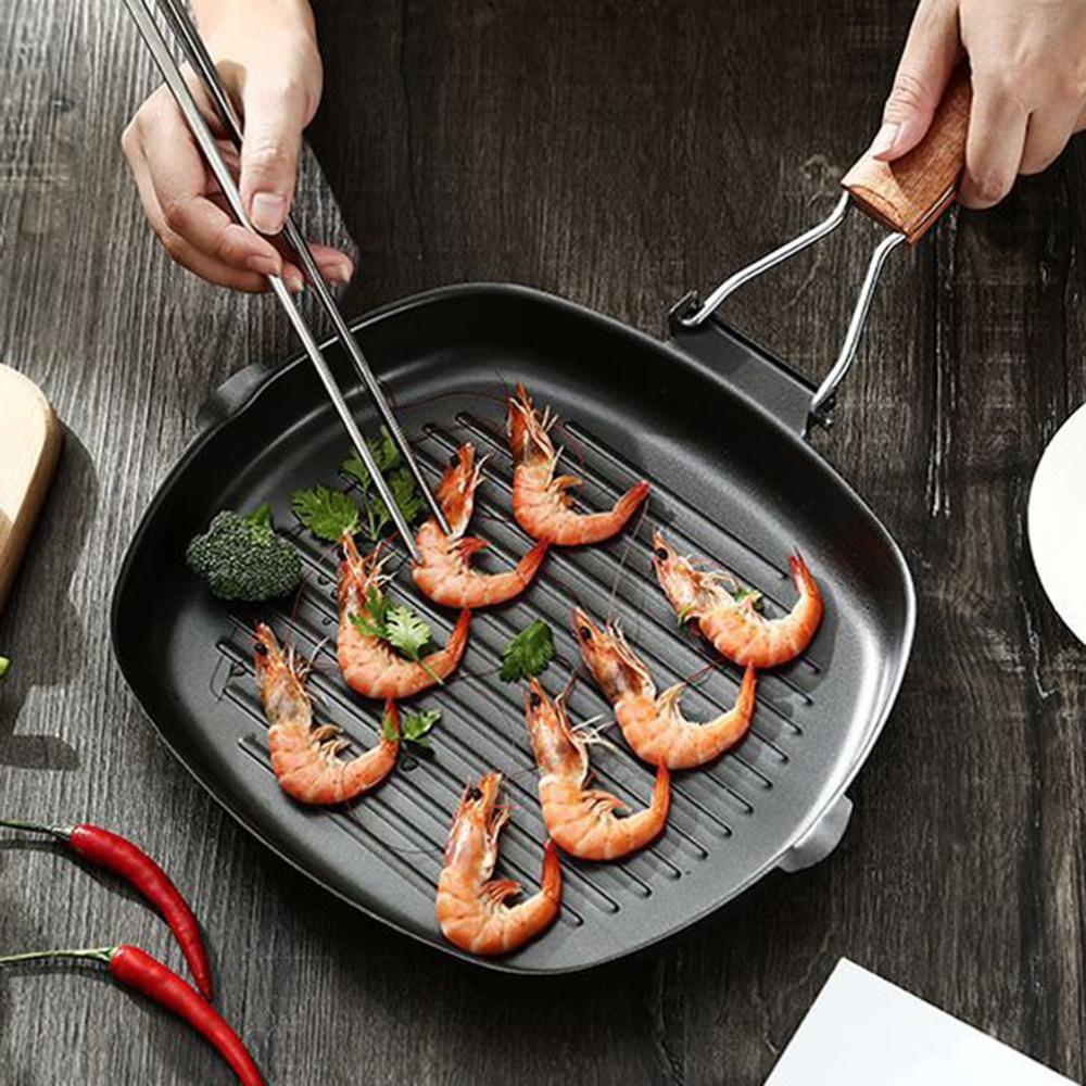 Tarttumaton paksunnettu pihvi paistinpannu taitettava raidallinen nelikulmainen uunipannu grillattu pekoni pihvi kotitalousastiat