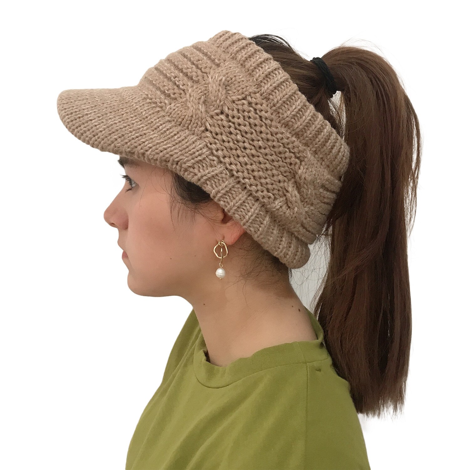 Bonnet queue hiver tricot salissant haute chignon queue de cheval chapeaux visière bonnet en plein air désordre haute chignon casquette cercle foulards: Khaki Flower