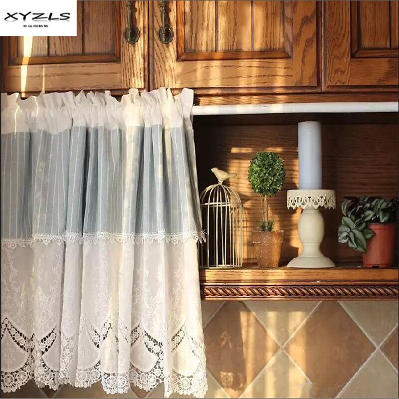 XYZLS Mediterrane Stijl Blauw Wit Gestreepte Keuken Half Gordijnen Geborduurd Kleine Cafe Gordijn Woonkamer Drape Panel 1 PC