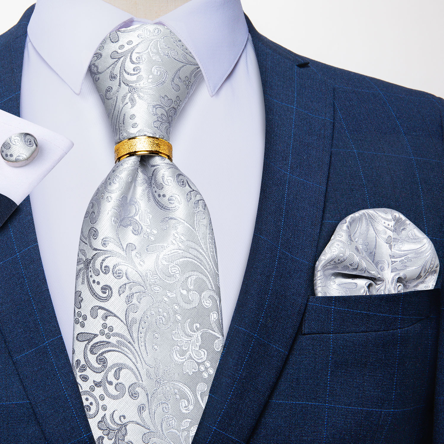 Corbata para hombre con anillo de Metal de Color dorado, conjunto de corbata de 8cm a la , pañuelo, gemelos, accesorios para de boda y negocios, para hombre: Verde militar
