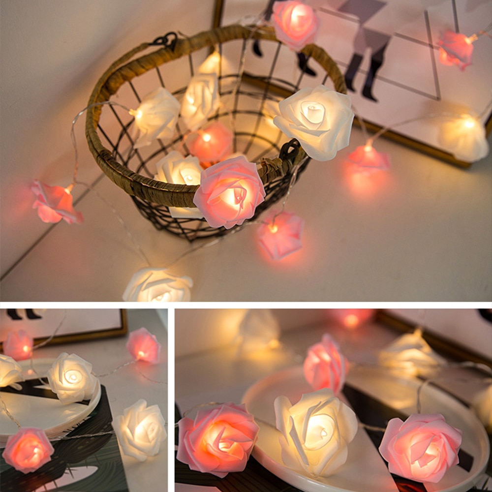 1.5/3m ledet bukett lyssnorer skum rose blomst krans fe lys til valentinsdag bryllup dekorasjon usb frakt
