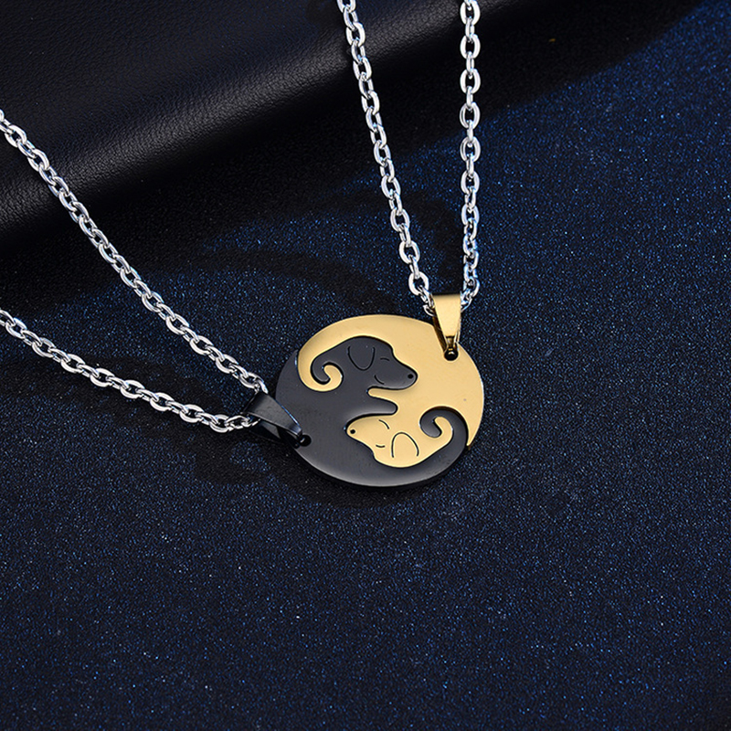 2pcs Personality Yin Yang Dog Couple Necklace Women Pair Pendant Matching Collar Stainless Steel Chain Stitching Jewelry: Rust Red