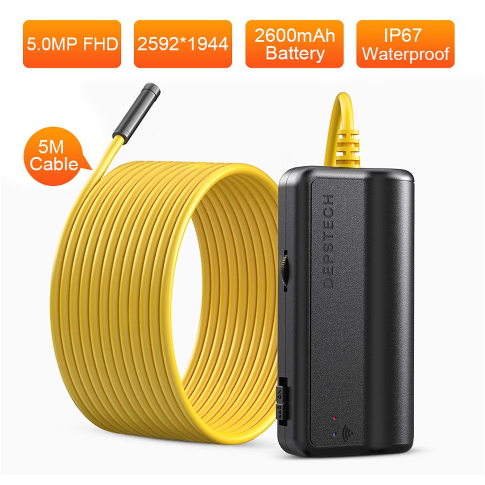 Depstech 2.0mp 5.0mp wifi endoskop hd inspektionskamera trådløst slangekamera 6 led borescope til android & ios: Wf028 5.0mp 5m
