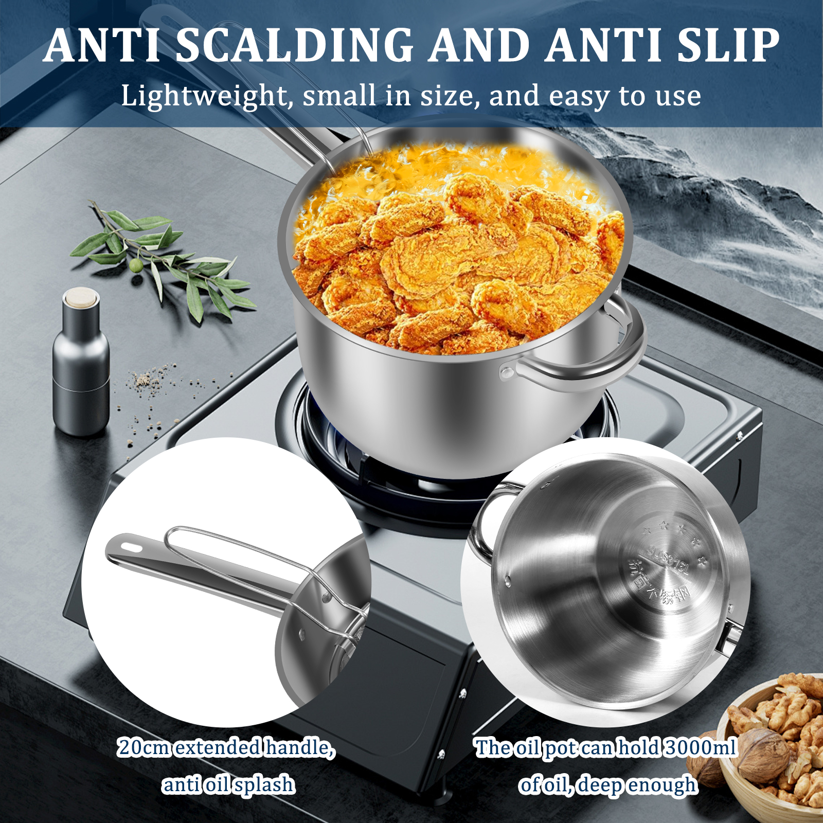 Friggitrice in acciaio inossidabile con patatine fritte e ali di pollo, mini pentola per olio domestica con schermo filtrante, pentole per friggitrice Tianfu Luo