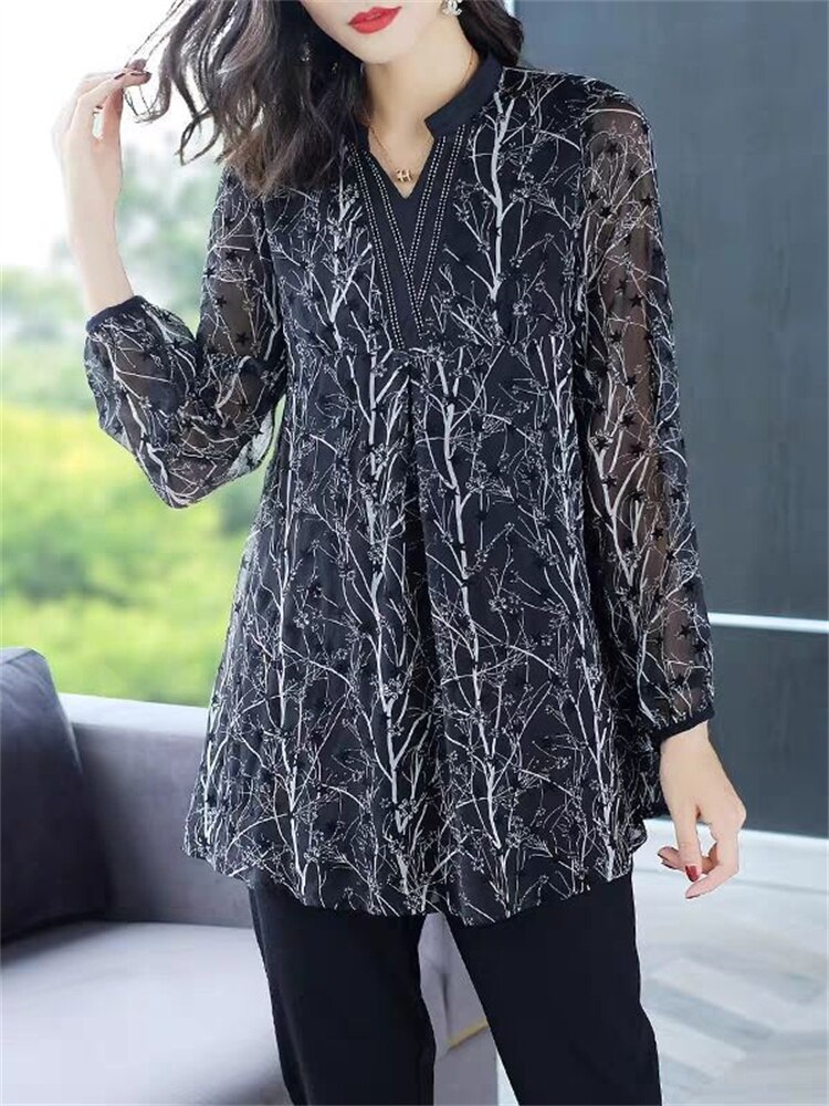 Kvinnor vår sommar stil chiffong blusar dam csual långärmad plus size tryck lös skjorta dam toppar  df3618: 6xl