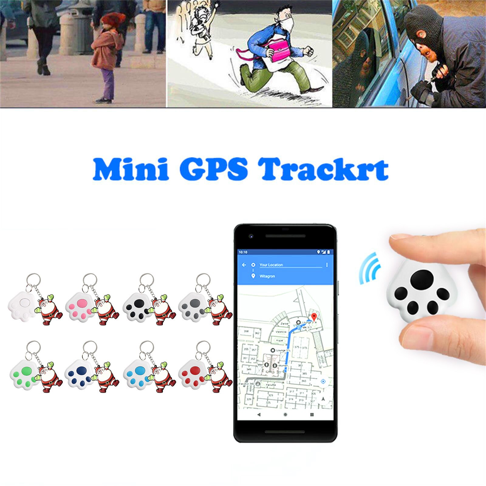 Smarter gps-tracker mit diebstahlsicherung, wasserdicht, mit alarmfunktion und alarm für kinder und haustiere, inklusive weihnachtsmann-schlüsselanhänger