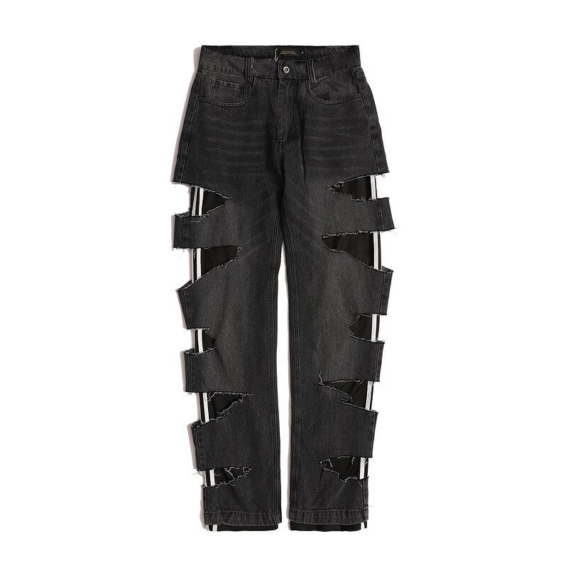 jeans strappati strappati alto strada pantaloni uomo anca salto urbano Nero Streetwear pantaloni in denim anca salto