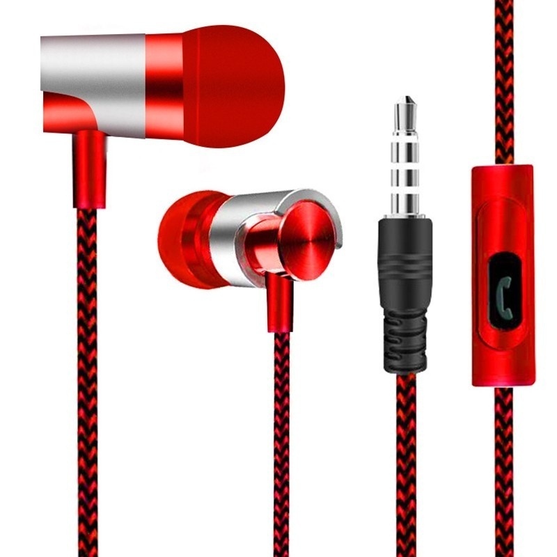 Écouteurs filaires en nylon tressé avec micro, écouteurs stéréo, prise 3.5mm, écouteurs intra-auriculaires, casque de musique sport RapBass, universel: Rouge