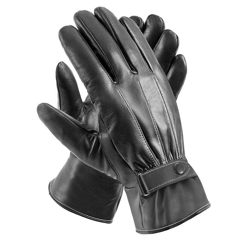 Mannen Synthetisch Lederen Handschoenen Winter Fleece Warme Handschoenen Outdoor Touch Screen Rijden Fietsen Volledige Vinger Zwart Wanten
