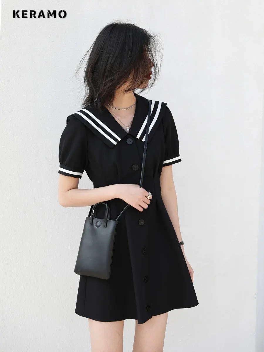 Preppy Style All-match Patchwork Sailor Collar Mini Dresses Summer Women's Puff Sleeve Y2K Harajuku Ulzzang A-Line Dress