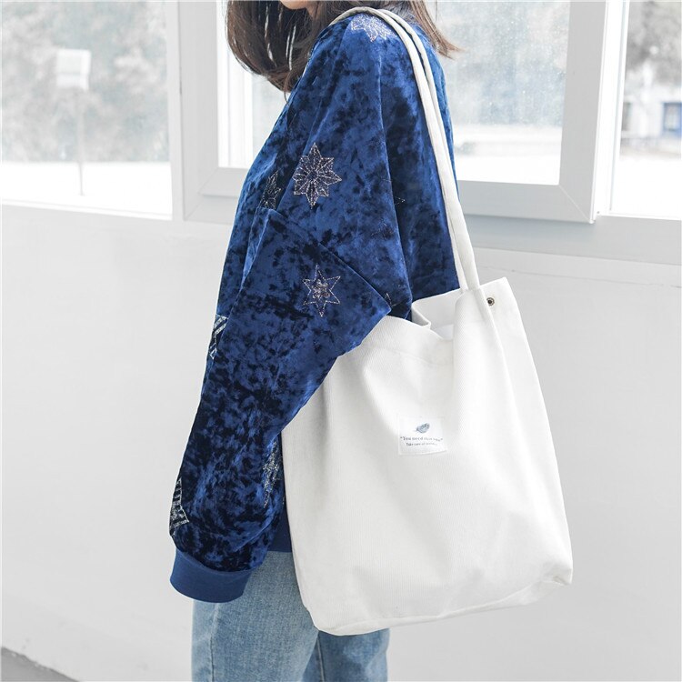 Women Corduroy Canvas Shoulder Bags Female Eco Cloth Handbag Tote Grocery Reusable Foldable Shopping Bag Cotton Lining Pouch: white