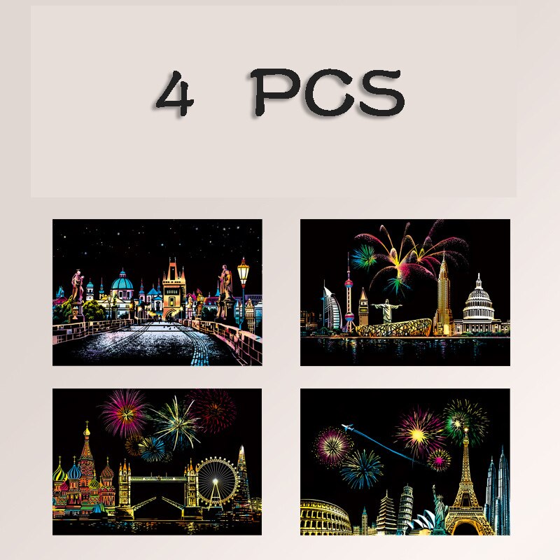 4 Stks/set Magic Kleurrijke A5 Tekentafel Papier Schilderen Schrapen Kinderen Tekening Onderwijs Speelgoed Schilderen Doodle Scratch Speelgoed: combination