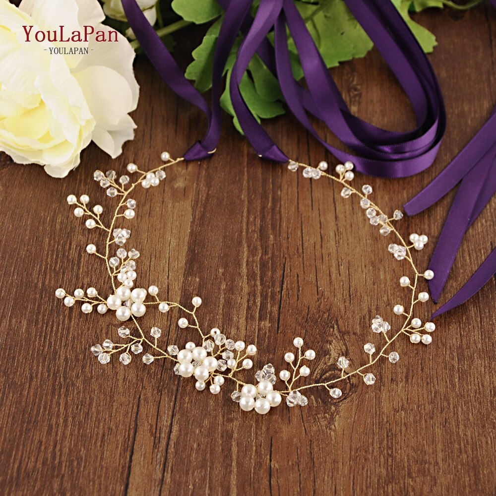 YouLaPan SH126 cristal transparente de novia Correa perla simulada de cinturones y fajas de novia occidental cinturón nupcial: Purple ribbon