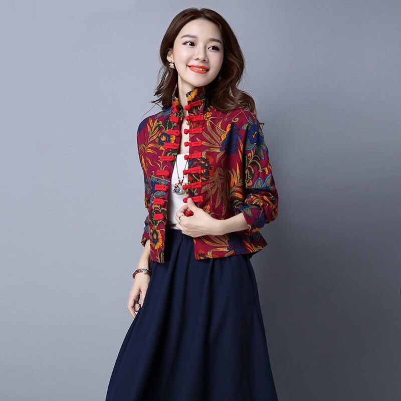 Camisa Floral roja para mujer, blusa Vintage tradicional china Tang, ropa Oriental, Tops Retro, abrigo de cuello mandarín 10436: XL