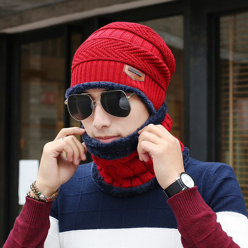 Calymel Men's Cap Set Outdoor Ski Cap Winter Warm Wool Knit Hat And Scarf Earmuffs Hat