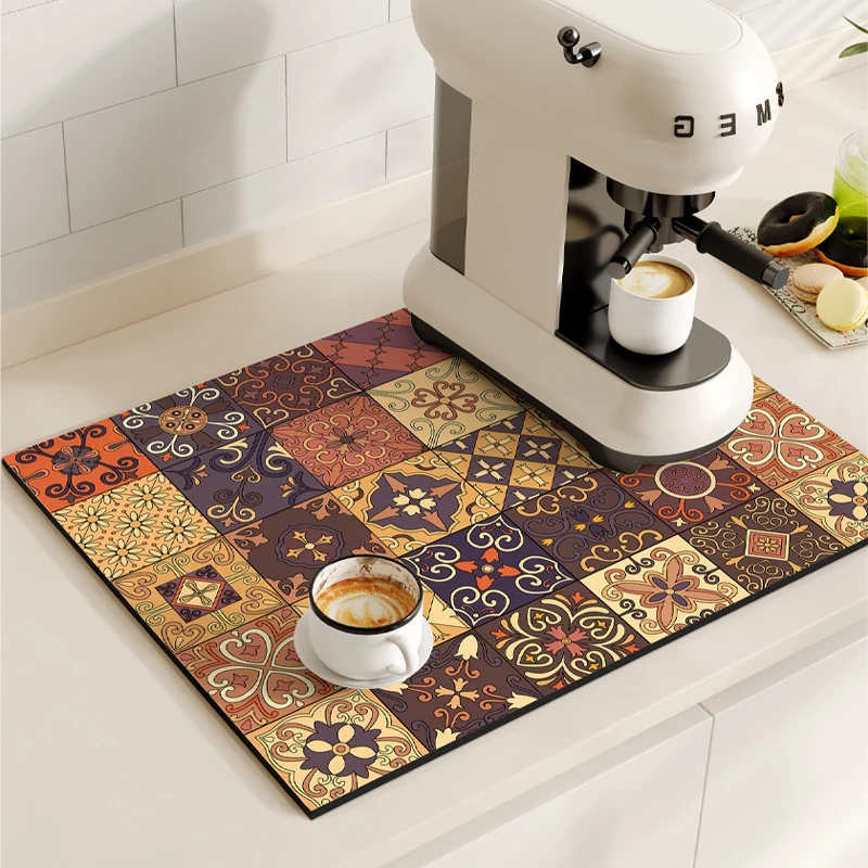 VIKAMA Kitchen Diatom Mud Mat Retro Coffee Machine Mat Waterproof Dish Drying Mats Quick Dry Drain Pad Draining Placemat: L / PURPLE
