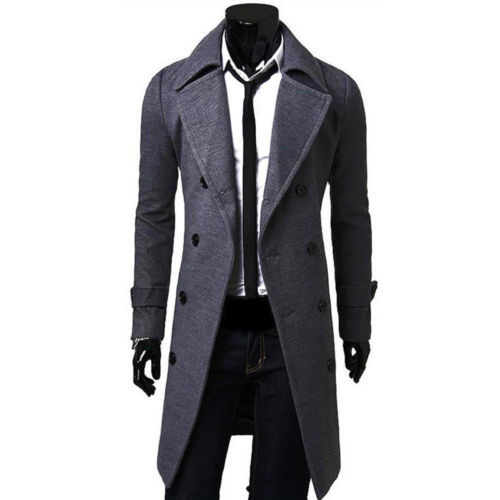 Män jacka varm vinter trenchcoat lång ytterkläder knapp överrock man casual vindjacka överrock jackor rockar ullblandningar: Grå / Xl