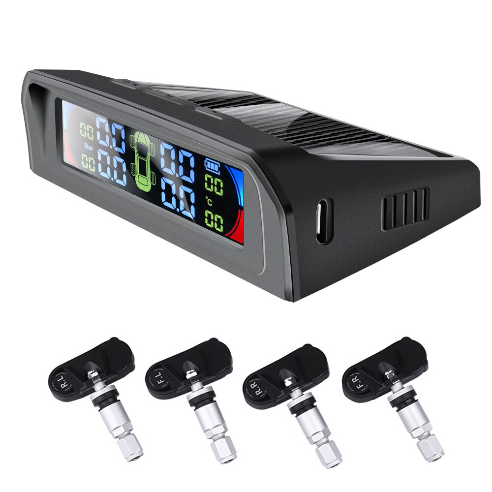 TPMS Car Tire Pressure Alarm Monitor System Real-time Display Attached to glass wireless Solar power with 4 sensors: T6 IN
