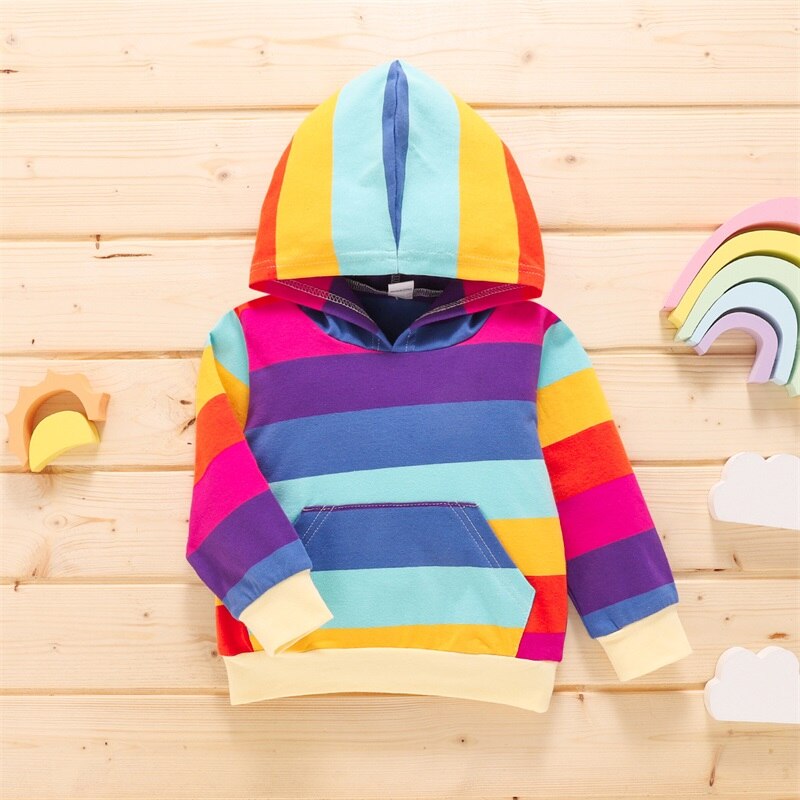 Herfst Lente Kinderen Hoodies Kinderen Meisje Jongen Regenboog Streep Hooded Lange Mouw Sweatshirt: Red / 3Y