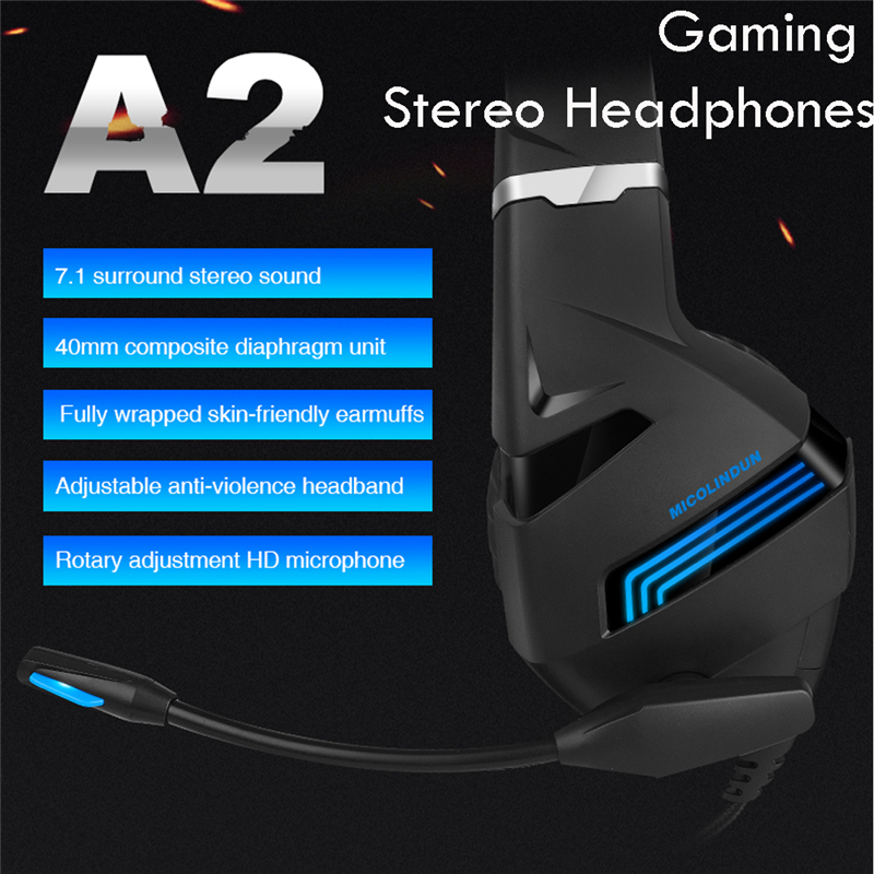 A2 Stereo Gaming Headset 7.1 Virtual Surround Bass Gaming Earphone Headphone with Mic LED Light for Computer PC Gamer