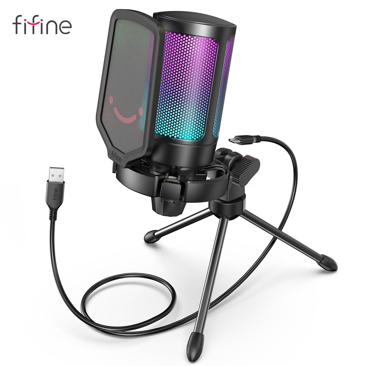 FIFINE USB kondensatorowy mikrofon do gier, do komputera PC PS4 PS5 MAC z filtrem popowy, mocowaniem przeciwwstrząsowym i regulacją wzmocnienia dla podcastów, Ampligame A6V