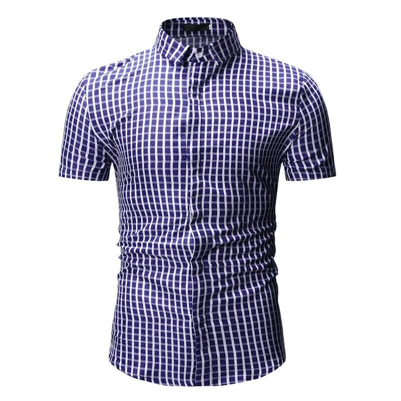 Check Shirts Men Summer Short Sleeve Loose Fit Business Formal Casual Plaid Shirt Beach Tourism Daily Life Red Blue: Blue / L