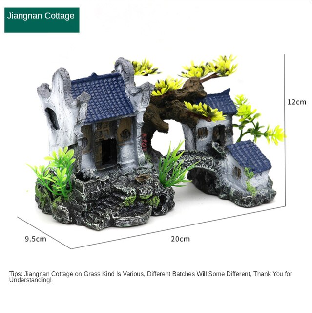 Fish Tank Landscaping Rockery Aquarium Decorative Landscaping Resin Retro Chinese Ornaments Style Jiangnan Hut Water Town: B