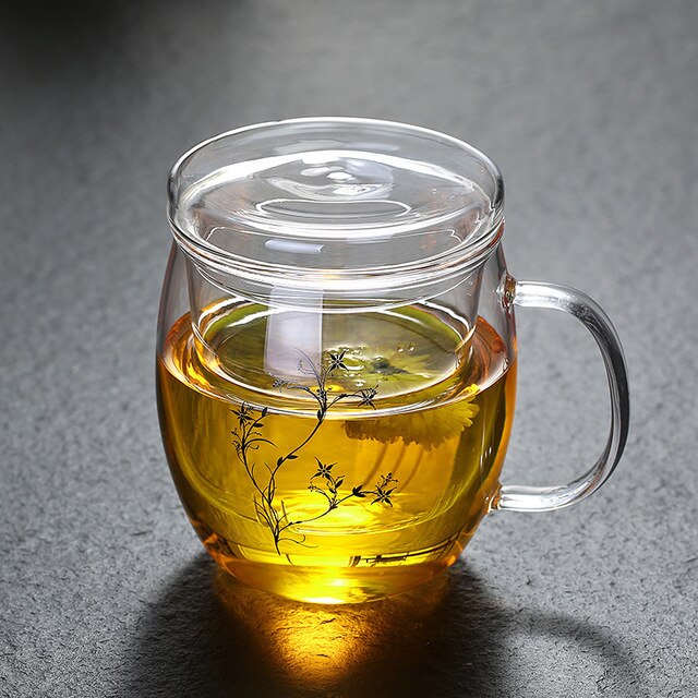 Transparent Glass Tea Cups Household Flower Teacups with Lid and Filter Heat Resistant Water Mug Office Drinkware: 500ml glass lid D