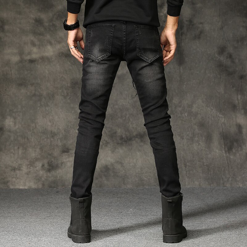 Men jeans denim high street ripped knee black slim stretch pants straight motorcycle washed trousers