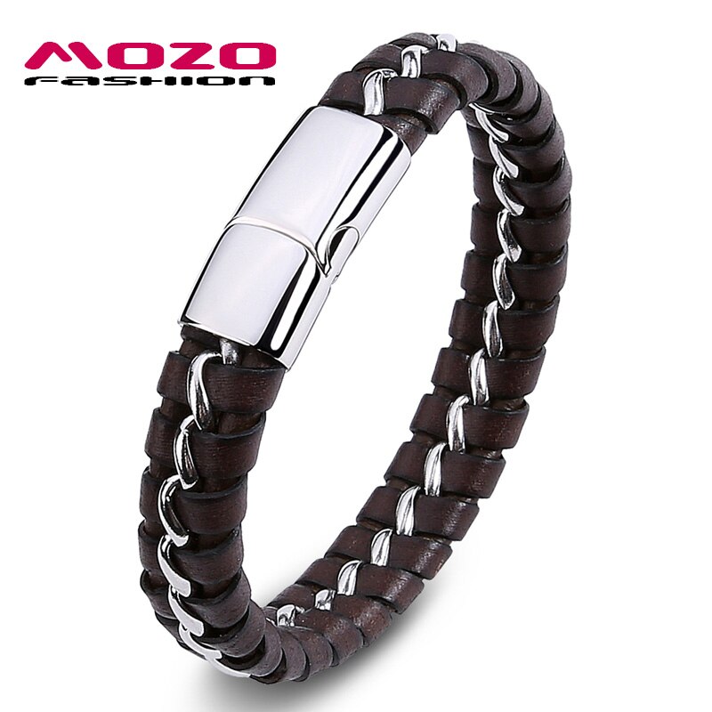 MOZO Neue Männer Charme Leder Armbänder Edelstahl Kette Armbänder Punk Felsen Männer modisch Schmuck: Braun