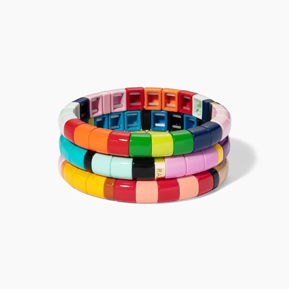 Kelitch Regenboog Armband Kleurrijke Emaille Kralen Armband Met Elastiek Tegel Enamel Armband Manchet Armbanden Voor Vrouwen