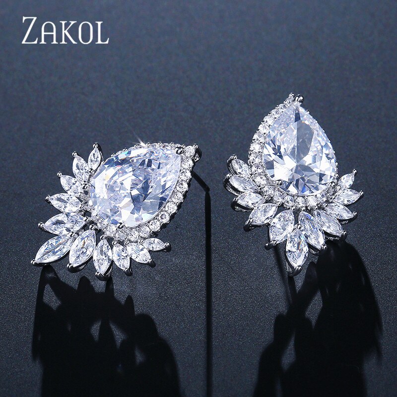 ZAKOL Romantico lacrima cubo Zirconia Bianco colore Orecchini con Perno del Foglio di Modo Da Cerimonia Nuziale Brincos Gioielli per Le Donne FSEP2009