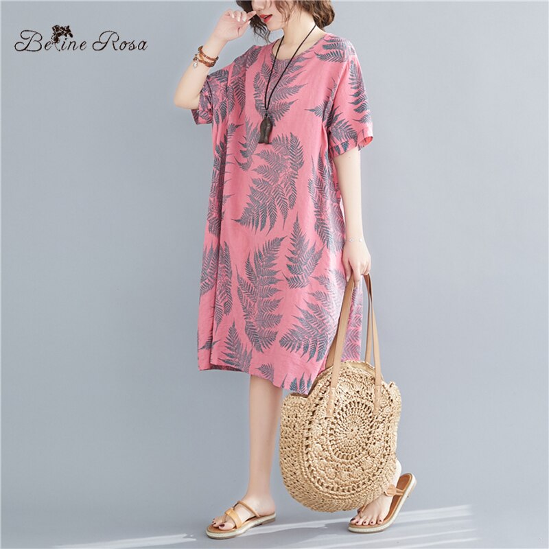 BelineRosa-vestido holgado de lino y algodón para mujer, ropa de talla grande para vacaciones en Hawai, BSDM03437,