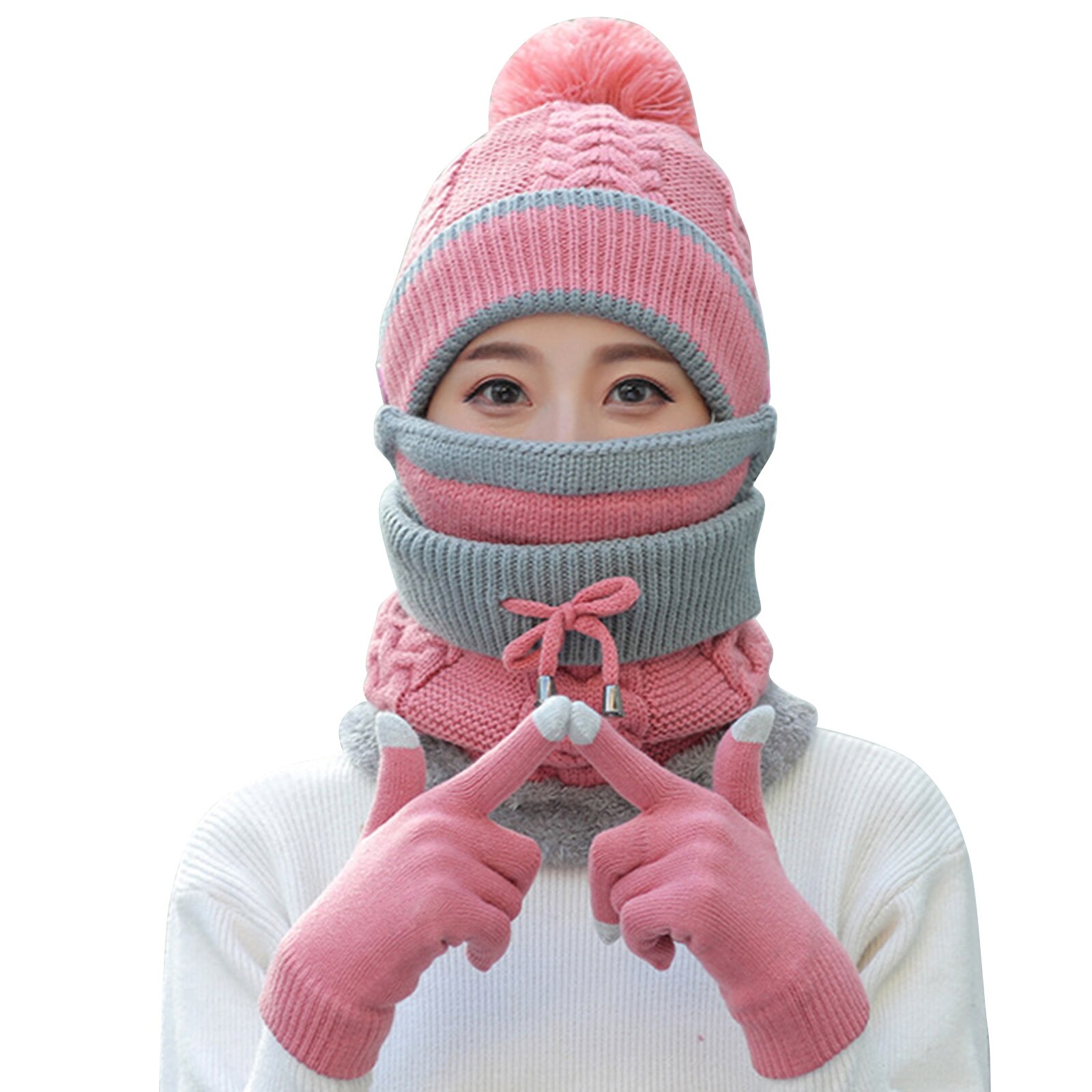 Nyeste 4 stk kvinders vinter tørklæde sæt thickend strikket hat tørklæde ansigt dække handsker udendørs: Lyserød